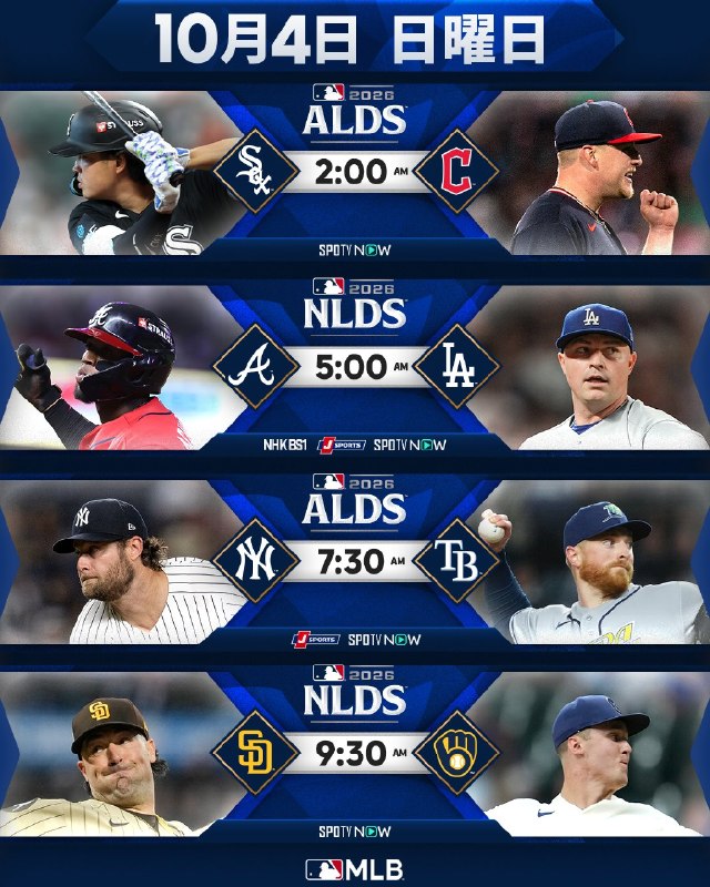 📸 @MLBJapan／いよいよ地区シリーズ第1戦が開幕🍿＼⚾️  vs ガーディアンズ の一打が打線に火をつけるか？⚾️ ブレーブス vs ドジャースはスクーバルが先発マウンドへ⚾️  vs レイズゲリット・コールとラスムッセンが先発⚾️  vs ブルワーズミジオロウスキーが今PS初先発へ初戦を制するのはどのチームでしょうか🙌▶️ NHK、J SPORTS、SPOTVNOWで生中継！お楽しみに！ #ホワイトソックス #村上宗隆 #ドジャース #ヤンキース #パドレス #試合予告 #ポストシーズン2026原文 #MLB日本選手