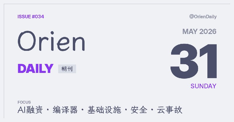#News 🌅 Orien Daily 朝刊【5.31】1️⃣ OpenRouter完成1.13亿美元B轮 — AI模型路由赛道升温2️⃣ Zig重构构建系统 — 编译工具链大改3️⃣ 软银750亿欧建法国数据中心 — 目标5GW算力4️⃣ Apple开源PICO图像压缩 — GitHub已发布5️⃣ 前沿模型企业IT测试不及格 — ITBench首测低于50%6️⃣ Arm开源Metis安全框架 — 语义推理超传统SAST7️⃣ GCP无预警封Railway账号 — 300万用户宕机8小时8️⃣ 台风6号接近冲绳奩美 — 九州至关东防大雨频道：@OrienDaily