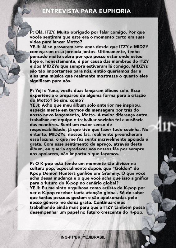 📸 @YejiBrasil #YEJI[🇧🇷] Tradução da entrevista da YEJI para Euphoria @ITZYofficial[🇧🇷] YEJI 对 Euphoria 的采访翻译 @ITZY官方 #예지 #있지 #YEJI #ITZY原文 #黄礼志