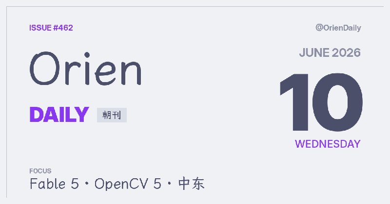 🌅 Orien Daily 朝刊【6.10】1️⃣ Claude Fable 5发布 — Mythos级模型开放2️⃣ OpenCV 5正式发布 — 计算机视觉大升级3️⃣ 通用押注AI储能 — 钠离子电池供数据中心4️⃣ Gemini推实时翻译 — 语音到语音即时转换5️⃣ 美军称攻击伊朗 — 回应直升机被击落6️⃣ 圣家堂主塔完工 — 百年工程迎来节点7️⃣ Foundry强化代理平台 — 运行治理观测补齐8️⃣ 清理AI明星代码 — 速度之后还要还债频道：@OrienDaily
